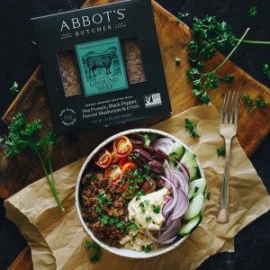 abbots butcher bowl with beef red onion tomato cucumber parsley rice olives