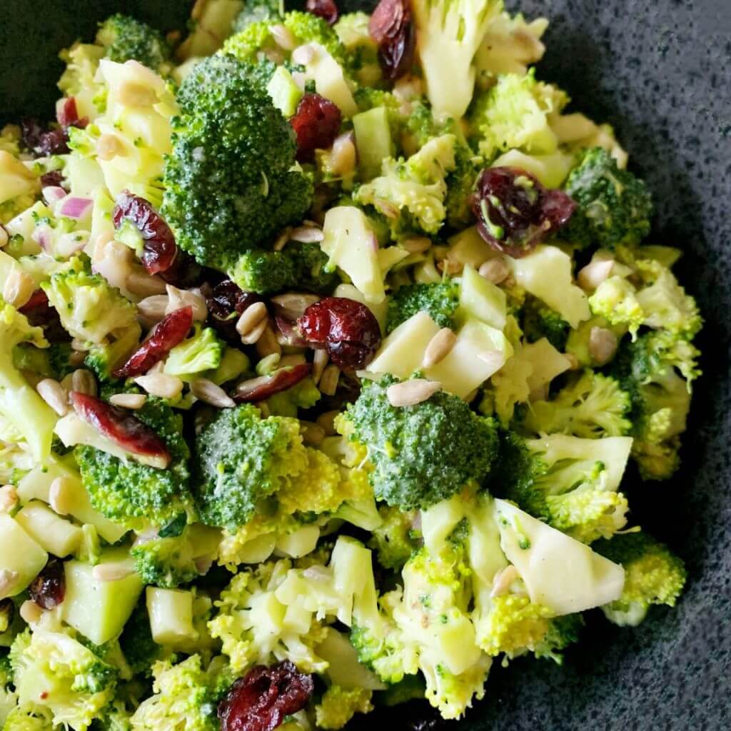broccoli salad with maple mustard dressing dried fruit sunflower seeds