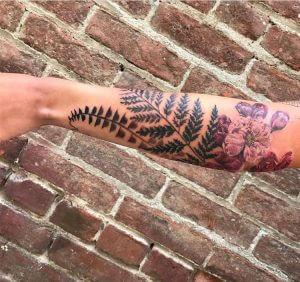 asia rain tattoos dark ferns and pink red floral