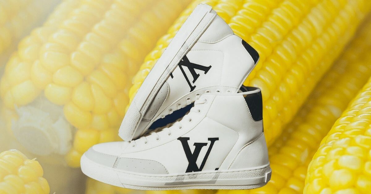 vegan louis vuitton sneakers with corn backdrop