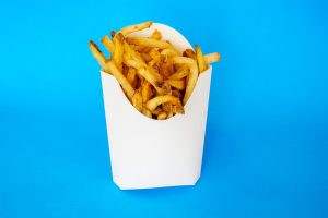 zonk burger fries plain white packaging on blue backdrop