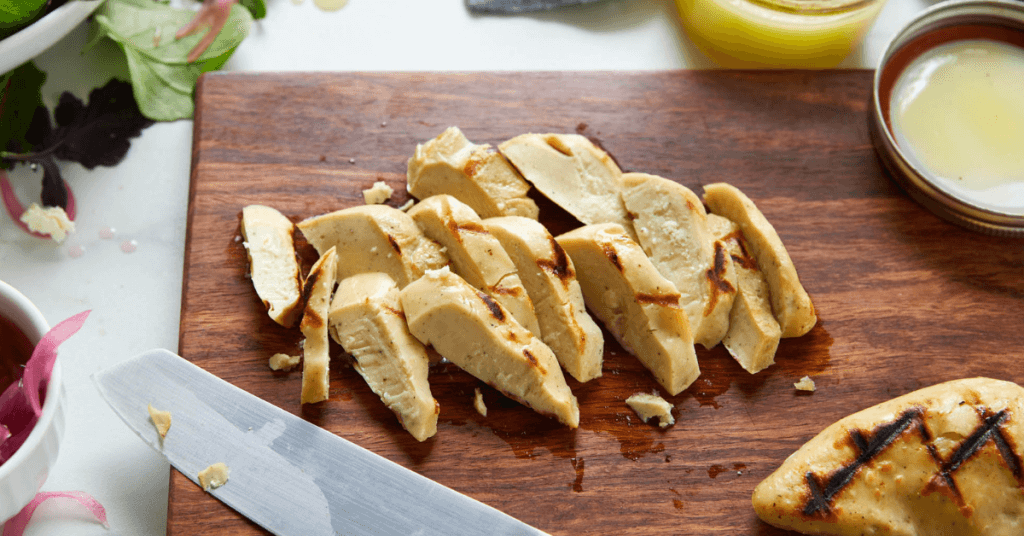chopped vegan chicken on cutting board