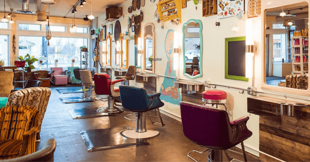 salon interior with colorful chairs and décor