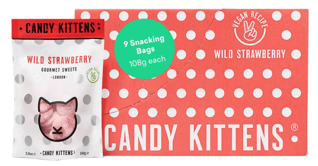 bag and box of candy kitten strawberry candy
