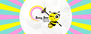 Busy Bee Bleaning Service cute animated bee holding a mop and bucket