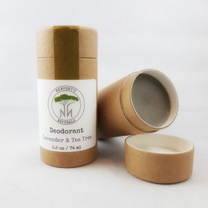 two tubes of newport's natural deodorant lavender and tea tree in natural packaging