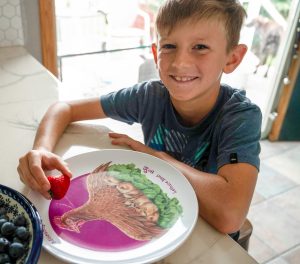 Be-ve kids plate with chickens lettuce nest with boy holding a strawberry