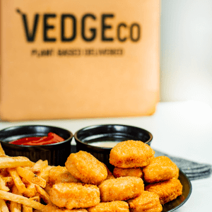 vedge co nuggets and fries with dipping sauces
