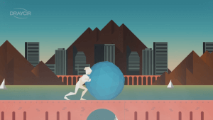 city and mountain skyline with a geometric person pushing ball across a bridge