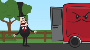 greedy looking man in a top hat standing behind a greedy looking van angry brows and mustaches