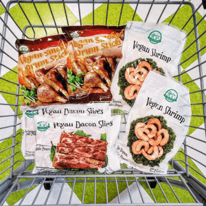 vedge co grocery cart vegan shrimp vegan smoked drum sticks vegan bacon slices