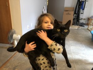 little girl holding black cat