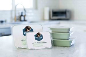 Dylan's Quinoa and chickpea Dog Food with logo showing on kitchen counter
